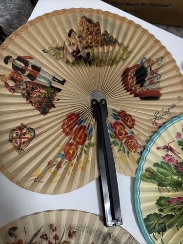 Antique Vintage Fan Lot Of 7 Hand Personal Hand Painted Japanese Paper Wood - Picture 2 of 8