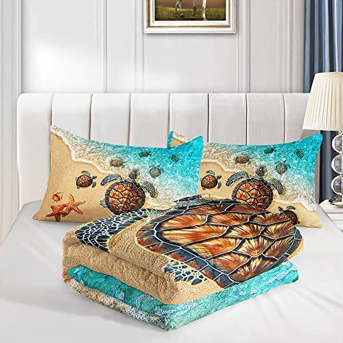 Sea Turtle Comforter Set,Ocean Sea Turtle Bedding Set for Kids Teens,Beach - Picture 4 of 6