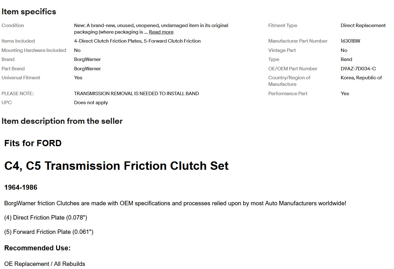 C4 C5 Transmission Friction Clutch Kit BorgWarner fit Ford Lincoln Mercury 64-86