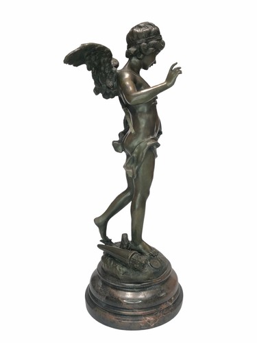 Bronze Statue Louis Auguste Moreau Alerte Cupid With Bow & Shield Marble Base - Picture 5 of 12