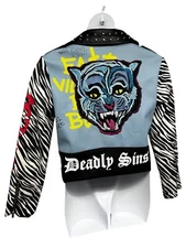 Azalea Wang Designer Band of Misfits Faux Leather Graphic Zip Up Moto Jacket L