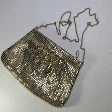 Vintage 80s Gold Mesh Handbag Crossbody Chain Strap Pleated Zip Lined