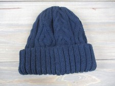 Cable Knit Winter Beanie Hat Roll up Cuffed Skull Cap Navy Blue EUC