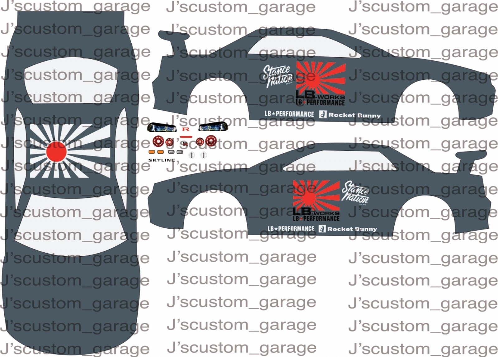 Nissan skyline lbwk stance red 1/64 custom water slide decal for hot wheels