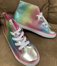 GIRLS HIGH TOP SNEAKERS SIZE 5 SHIMMERING RAINBOW SUPER CUTE 
