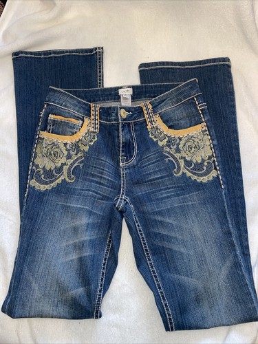 Cache’ Gold Floral Embroidery Bootcut Blue Jeans Bohemian Western Cowboy Size 2 - Picture 3 of 13