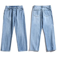 Men Straight Leg Jeans Stretch Cotton Blend Denim Pants Slim Trousers Light Blue