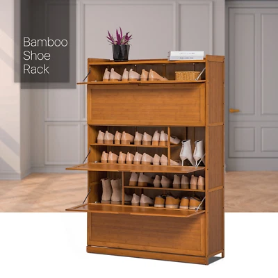 MONIBLOOM Brown Bamboo[SLIPPER SHELF+BOOT COMPARTMENT]Drop Down Door Shoes Storage Cabinet