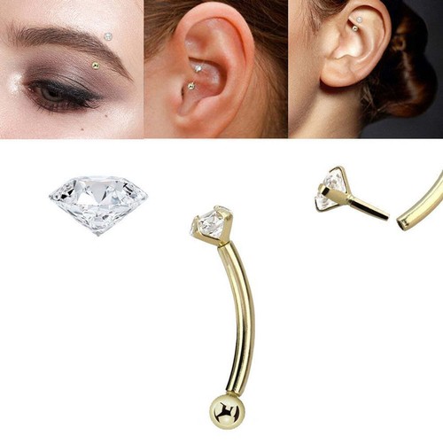14 Karat Gold Curved Barbell 16 Gauge Eyebrow Ring & Real Diamond - Picture 2 of 4