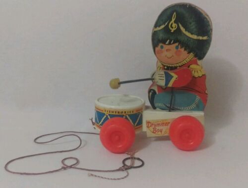 VINTAGE ANTIQUE PAPER LITHO WOOD MECHANICAL PULL TOY DRUMMER BOY  - Picture 1 of 8