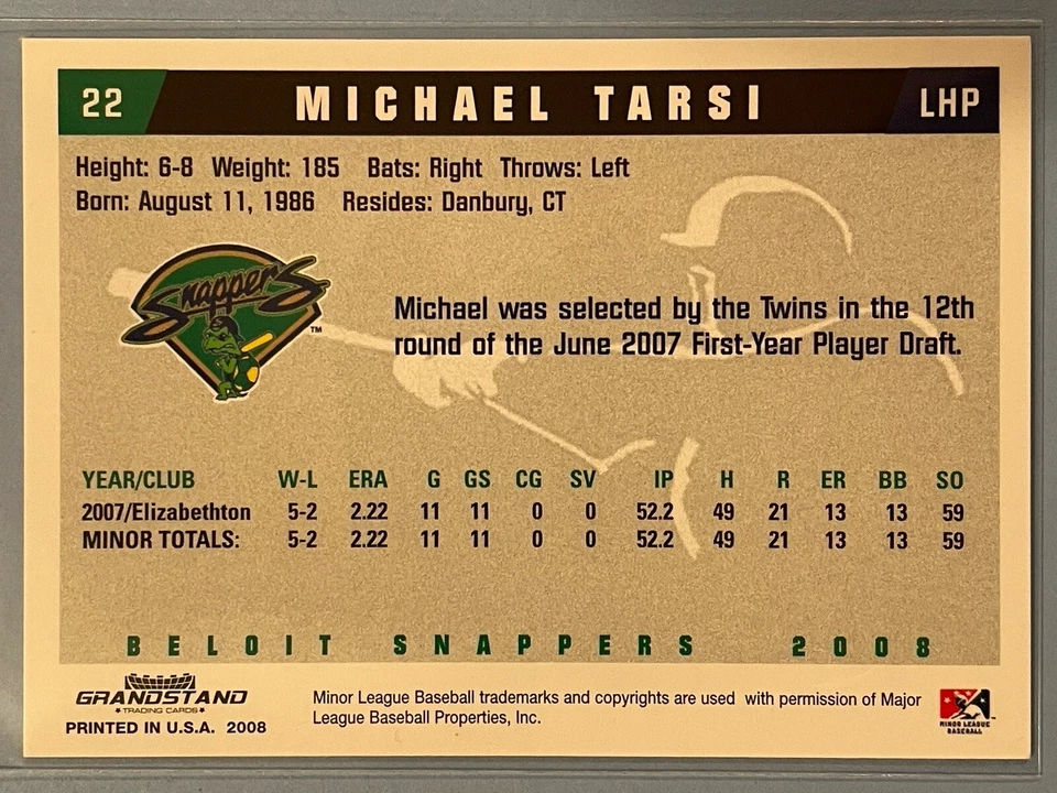 2008 Michael Tarsi Beloit Snappers Autograph Rookie Card In Person Auto #22 - Image 2 of 2