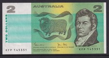 AUSTRALIAN BANKNOTE: 1983 $2 JOHNSTON / STONE CIRCULATED PREFIX KFP 145 351