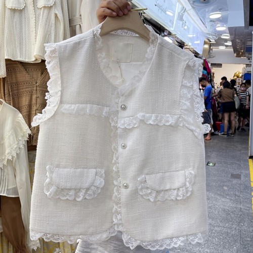 Women Lace Trim Waistcoat Gilet Vest Tops Ruffle Sleeveless Button Elegant - Picture 4 of 15