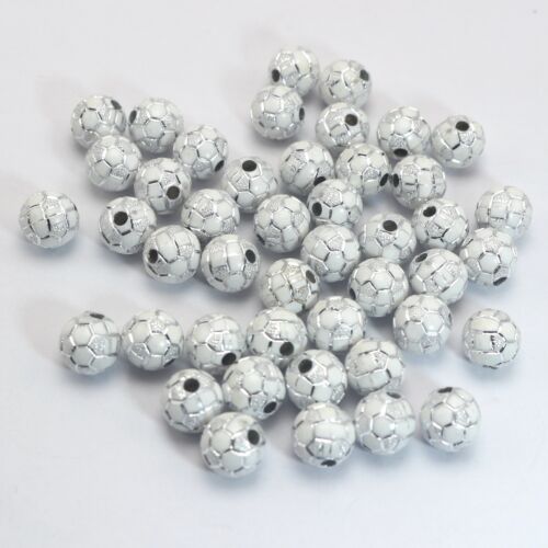 100 White Sparkling Silver Football Soccer Pattern Acrylic Round Beads 10mm Funn - Picture 3 of 8