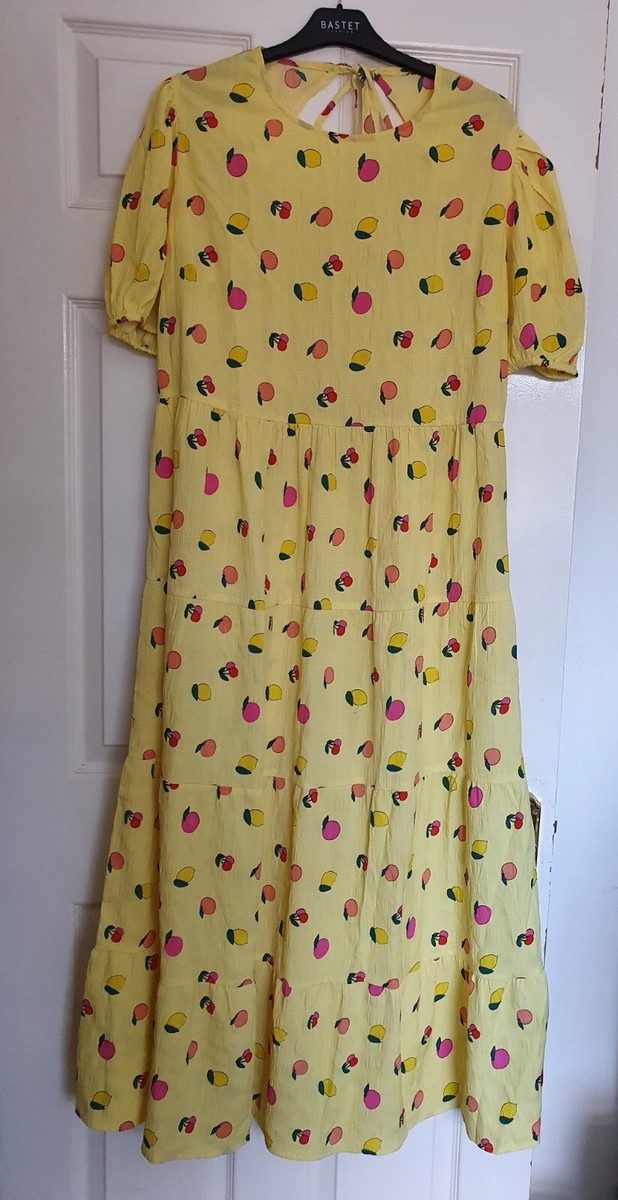neon rose lemon dress Neon Rose Plus open back midi tiered smock dress in lemon fruit print