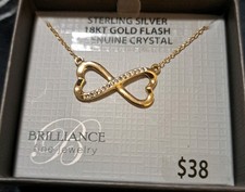 Womens Steeling Silver 18 KT Gold Flash Crystal Infinity Heart Necklace 18" NWT