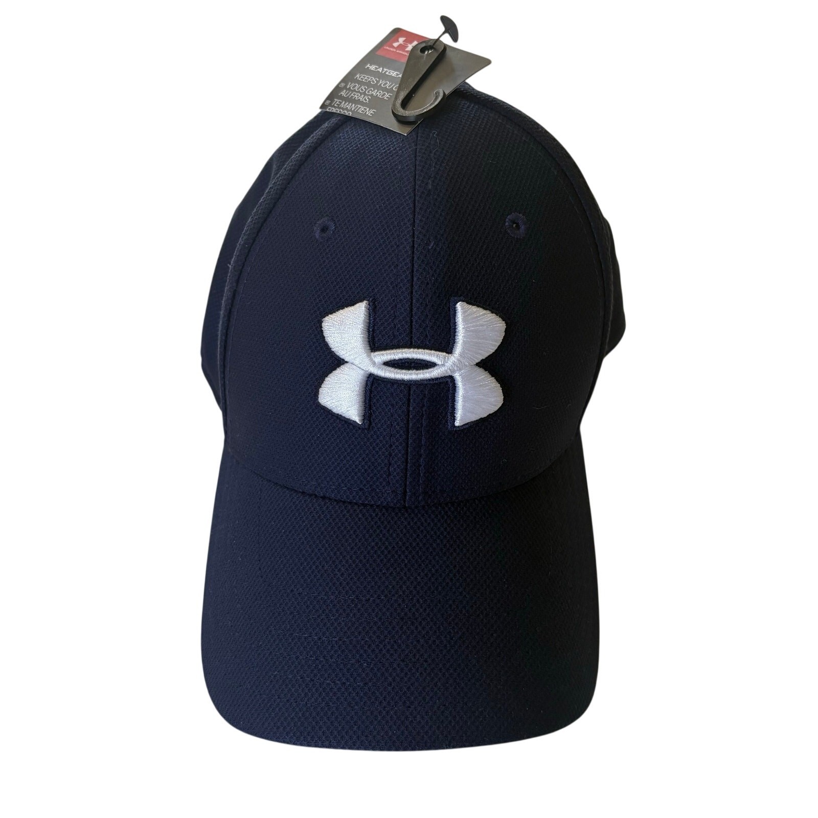 NWT Under Armour Navy Blue FlexFit White Logo Fitted Hat Cap