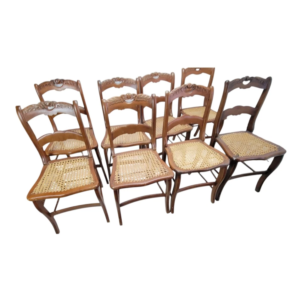 Juego de 8 sillas de comedor antiguas victorianas de arce del siglo XIX asientos de caña tallados a mano Foto 3 de 4