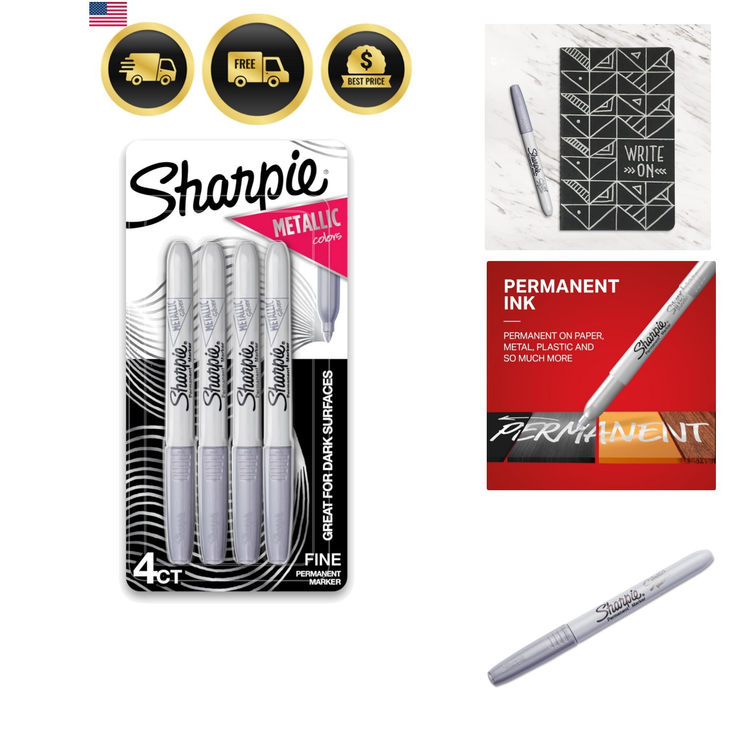 Metallic Permanent Markers, Fine Point, Silver, 4 Count - For Black Paper or ...