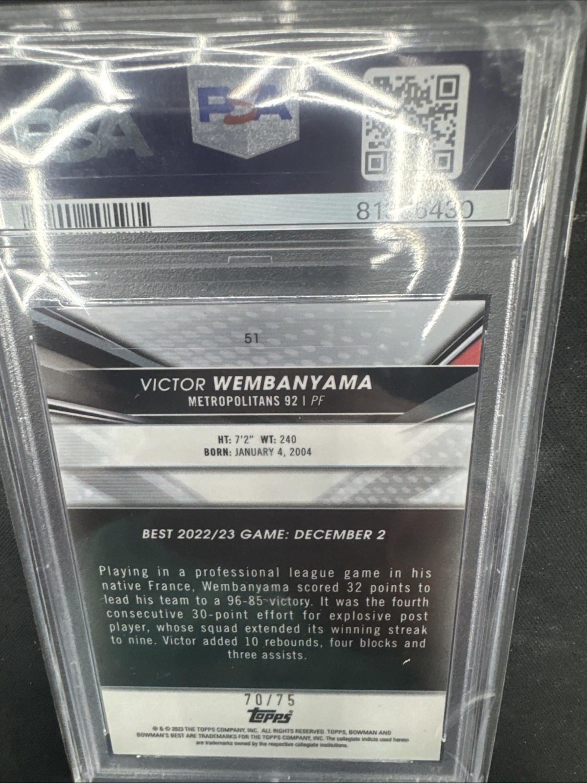 2022 Victor Wembanyama Bowman Univ Gold Lava Ref /75 PSA 8 Spurs Basketball view 6