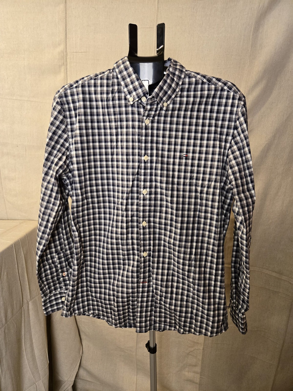 Tommy Hilfiger Men's Button Down Stretch Plaid Shirt Large Navy White