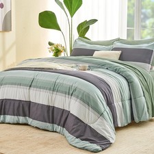 Andency Full Size Comforter Set Sage Green - 7 Pieces Green Striped Lightweight