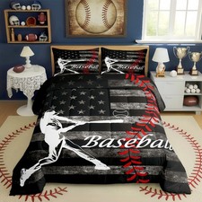 Boys Baseball Comforter Set Vintage American Flag Bedding Full Size for Adult
