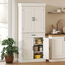 Image of Freestanding Kitchen Cupboard, Tall Storage Cabinet w/ Drawer and Shelves, White