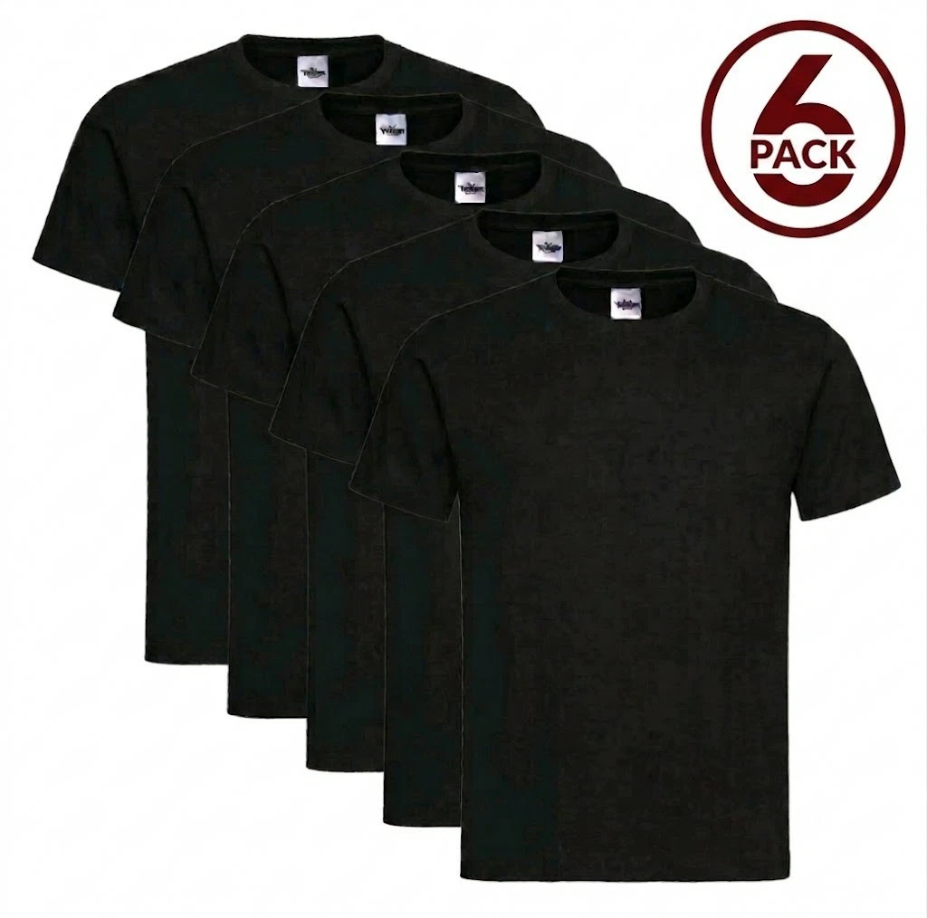 6 Pack Mens Black T-Shirts Plain Blank Crew Neck 100% Cotton Bulk Lot Tees M