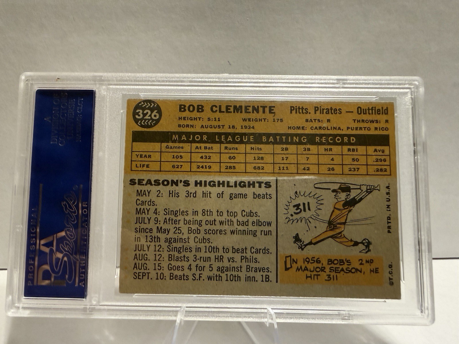 1960 Topps Roberto Clemente #326 PSA Graded EX 5 view 2