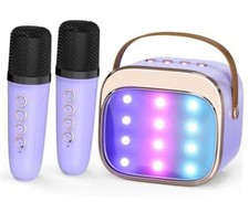 Mini Karaoke Machine for Kids Adults, Portable Bluetooth Speaker Purple 2 Mic