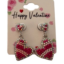 Valentine Heart Earrings Dangle Pink Beaded Rhinestone Sparkle Studs
