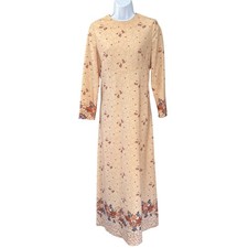 Vintage Peach Floral Maxi Dress Long Sleeve Full Length Boho 70s Style