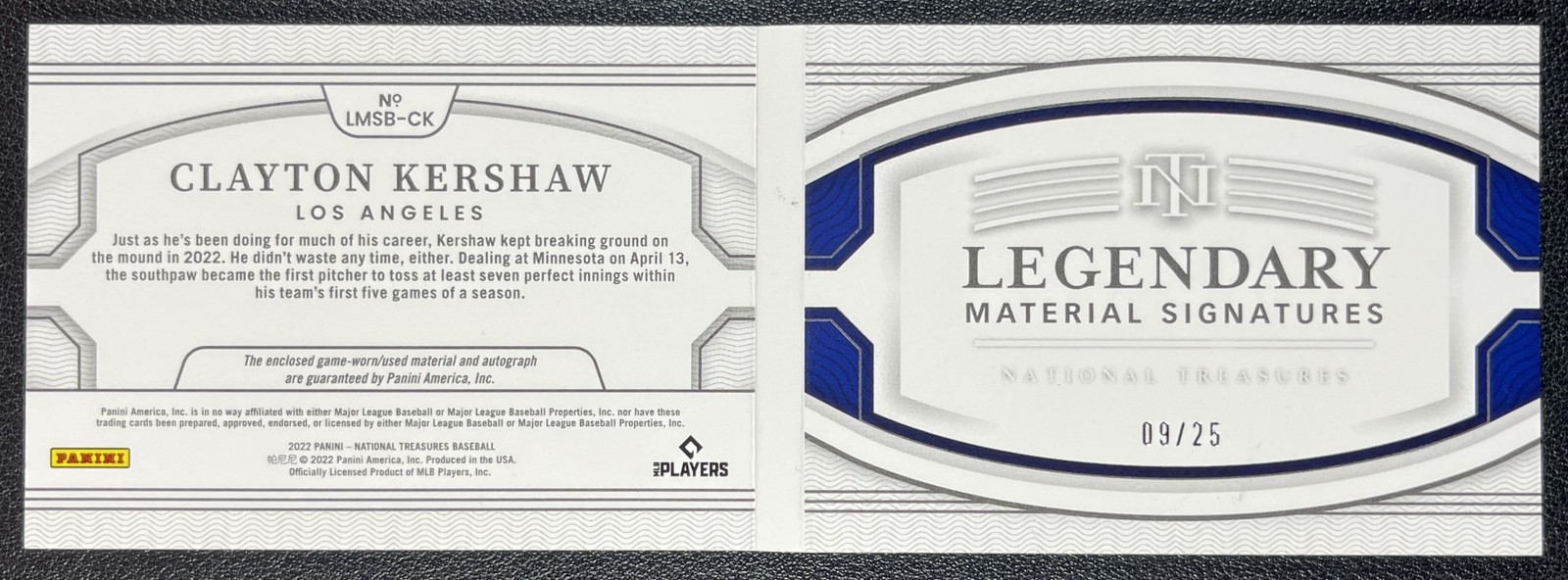 CLAYTON KERSHAW 2022 NATIONAL TREASURES LEGENDARY GU JERSEY AUTO BOOKLET 9/25 view 2