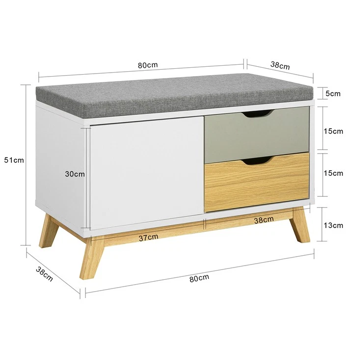 B-waren Schuhbank mit 2 Schubladen & 1 Tür Truhenbank Sitzbank FSR92-W-bwaren - Bild 4 von 4