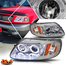 For 97-03 Ford F150 Halo Ring LED DRL Projector Headlight/Lamp Amber Side Chrome