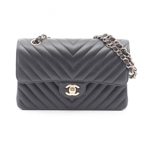 CHANEL V-stitch chevron double flap chain Shoulder Bag A01113 Calfskin BK GHW