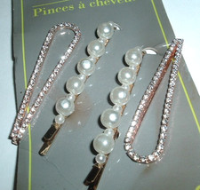 4 WEDDING WHITE RHINESTONE WHITE PEARL GOLDEN BOBBY PINS NEW W TAG