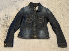 Etcetera Jean Jacket Woemns 4 Dark Wash Blue Denim Ruffle Button Front Cotton