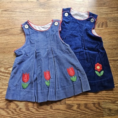 2 Vintage Girls 18M Navy Blue Corduroy Red Tulip Floral Embroidered Dress Button