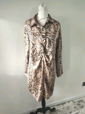 Blue Vanilla Womens Shirt Knee Dress siz 14 Black Beige Animal Snake Print Vneck