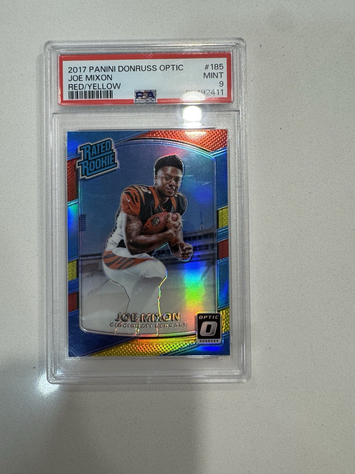 2017 Donruss Optic Joe Mixon Rated Rookie Red/Yellow PSA 9 Bengals #185