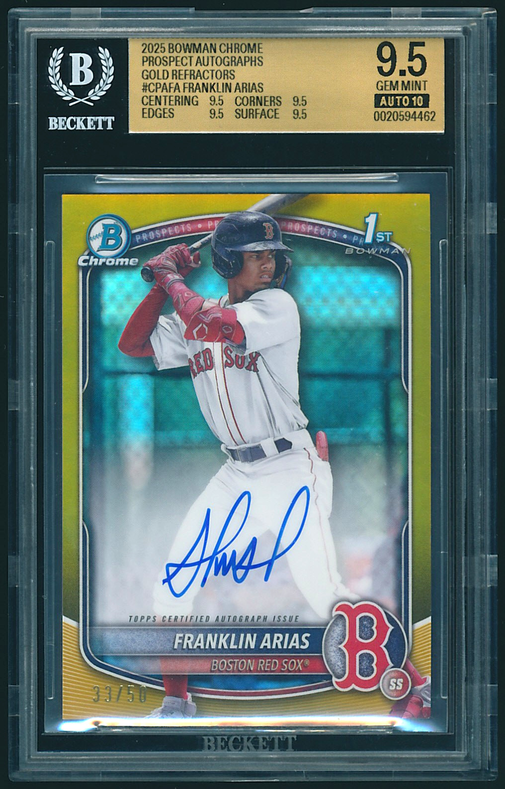 2025 Bowman Chrome Franklin Arias Gold Refractor Auto 33/50 BGS 9.5 All Subs 9.5