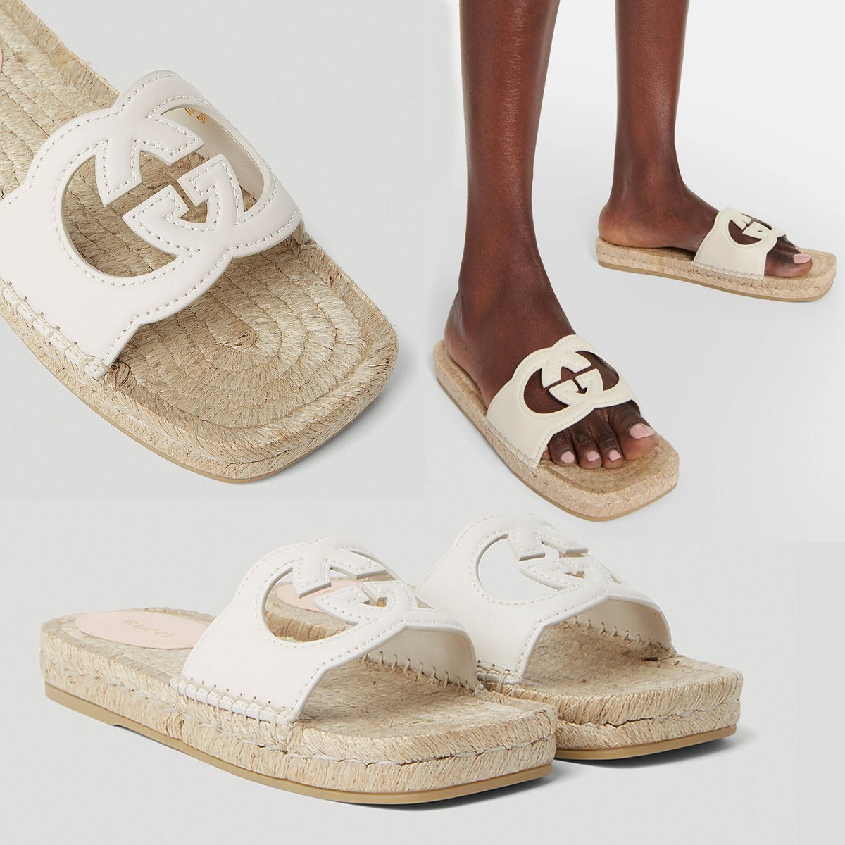 GUCCI SHOES WHITE LEATHER CUT-OUT G LOGO ESPADRILLES SANDALS