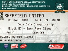Plymouth Argyle v Sheffield United 21/02/09 Championship Ticket