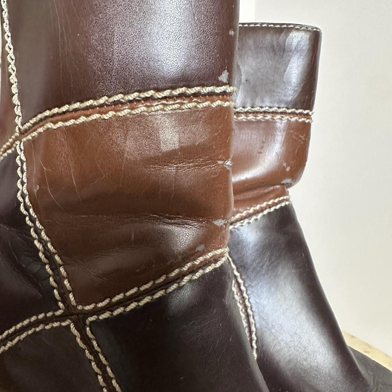 Vintage brown patchwork platform square toe faux … - image 4