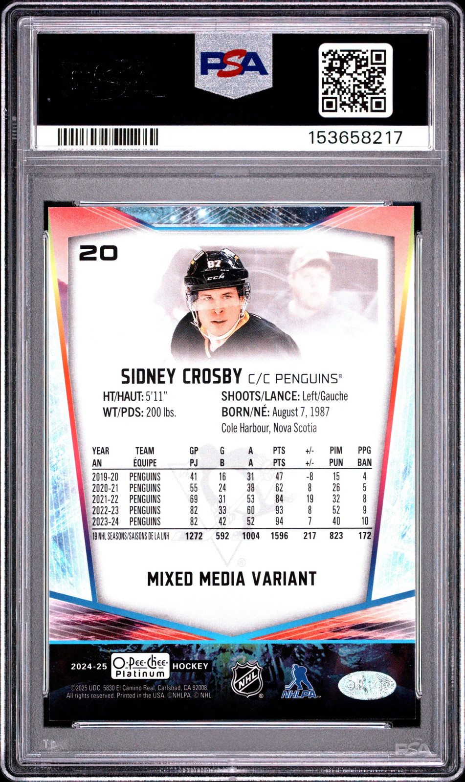 2024/25 O-Pee-Chee Platinum Sidney Crosby #20 Mixed Media Variant PSA 10 view 2
