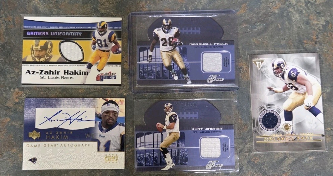 RAMS LOT OF (5) AUTO & GAME USED/WORN FOOTBALL CARDS.  FAULK,WARNER,HAKIM,PAGE view 9