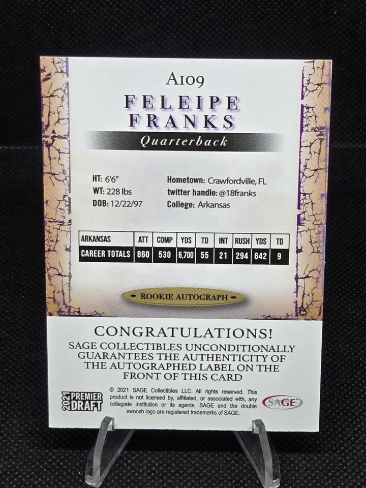 2021 Sage Premier Draft - Autographs Feleipe Franks #A109 (AU, RC) - Image 2 of 2