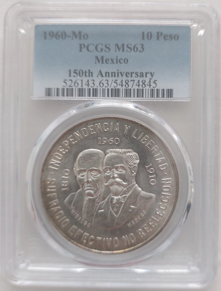 MONEDA DE 10 PESOS PLATA MÉXICO UNC AÑO 1960 KM#476 150 ANIVERSARIO PCGS MS63 Foto 2 de 3